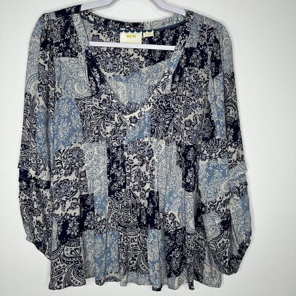 Maeve Cathy Pleated Blouse Size M Blue Paisley Boho Puff Sleeve Hippie‎